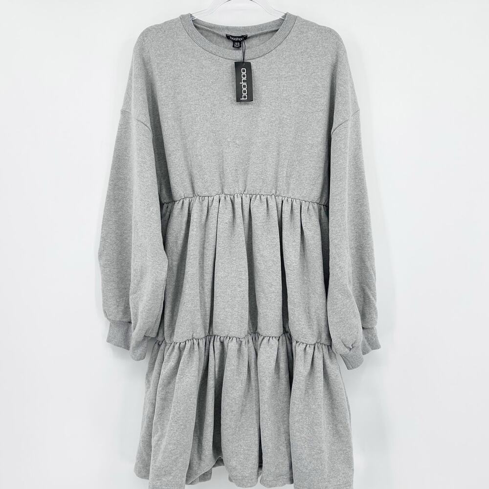 New Boohoo Plus Tiered Dress Grey Long Sleeve Sweatshirt Tiered Skirt Womens 16 - Picture 3 of 11